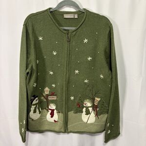 Croft & Barrow Womens Sz XL Vintage Green Full Zip Snowman Christmas Cardigan